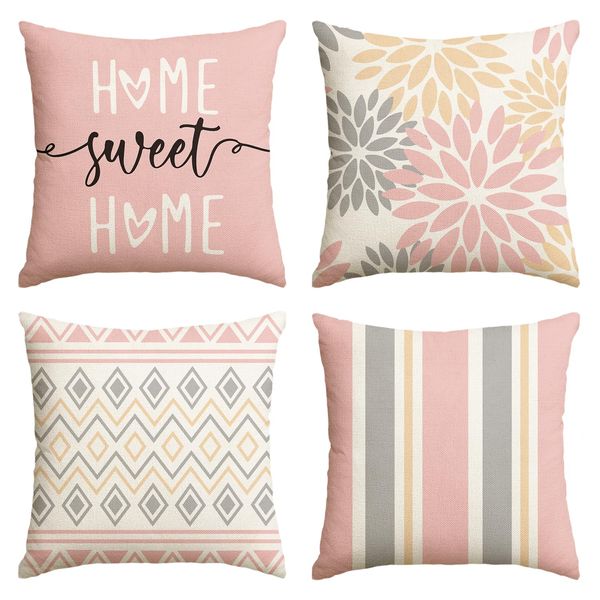 Artoid Mode Pink Dahlia Home Sweet Home Spring Cushion Covers Set of 4, 45x45 cm Summer Decorative Pillow Case Cover Sofa Living Room Decor