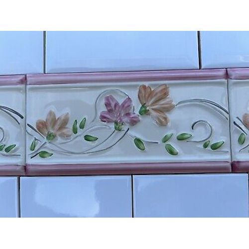 Pink scrolling  flowers Wall Tile Border imported from Spain 7 3/4in X 3 7/8in