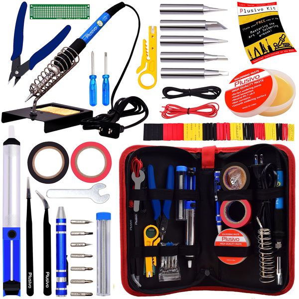 60W Adjustable Temperature Soldering Iron Kit - Soldering Stand, Tips, Desoldering Pump, Wire Cutter, Tweezers, Solder Paste, Heatshrink Tubes from Plusivo