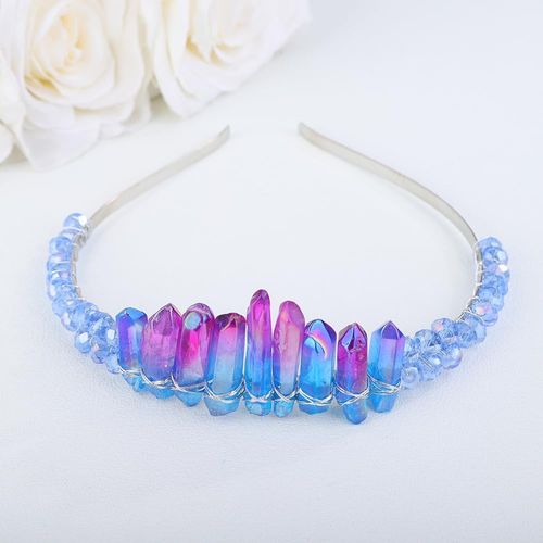 Teyglen Raw Crystal Quartz Headband Clear Crystal Headband Moon Goddess Hair Band Hoop Mermaid Witch Bride Headpiece Hair Accessories for Women Girls (Purple and blue)