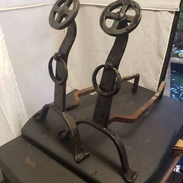 Vintage Fireplace Andirons Wrought Iron Arts Crafts Industrial Machine SteamPunk