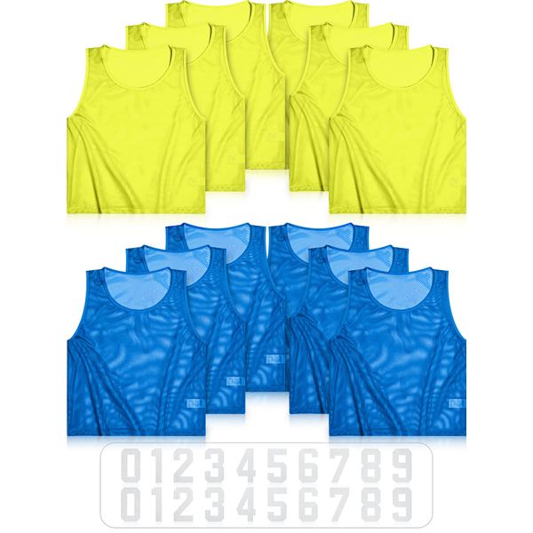 Boyiee 12 Pieces Nylon Mesh Scrimmage Team Vests Pinnies Training Sports Jerseys for Basketball Soccer Football Sports (Blue and Yellow,16-35 Years)