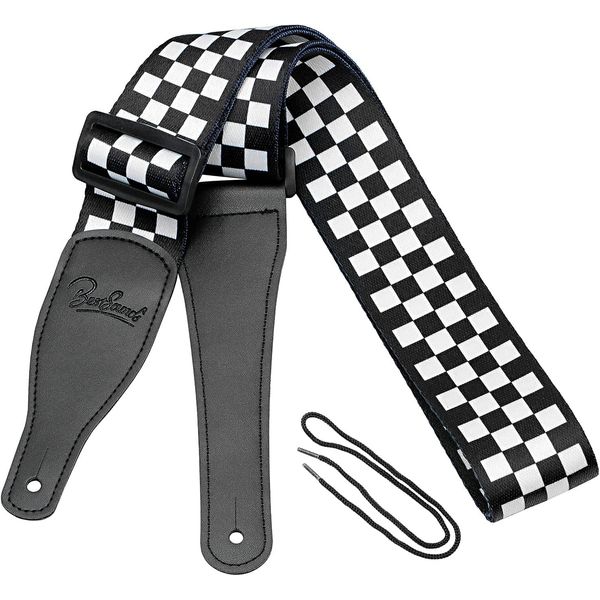 Guitar Strap, Bass Guitar Strap, Electric and Acoustic Guitar Straps - Durable Nylon Checkered Guitar Shoulder Strap with Leather Ends (Black and White Checkered)