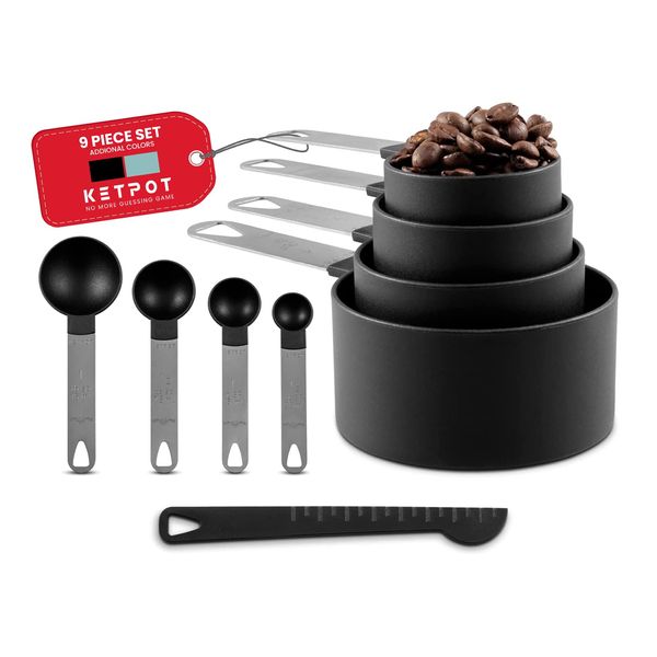 KETPOT 9 Pcs Measuring Cups and Spoons Set, 4 Measuring Cups / 4 Measuring Spoons & 1 Leveler, Measuring Spoons Set with Engraved Scale for Liquid & Dry Ingredients – Black