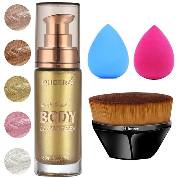 PHOERA Body Shimmer Oil, Body Bronzer Shimmer Oil,Body Glow Oil Shimmer Highlighter Luminizer Body Illuminator with Body Makup Bursh,Self Tanning Lotion,1oz/Jars (102 Metallic Gold)