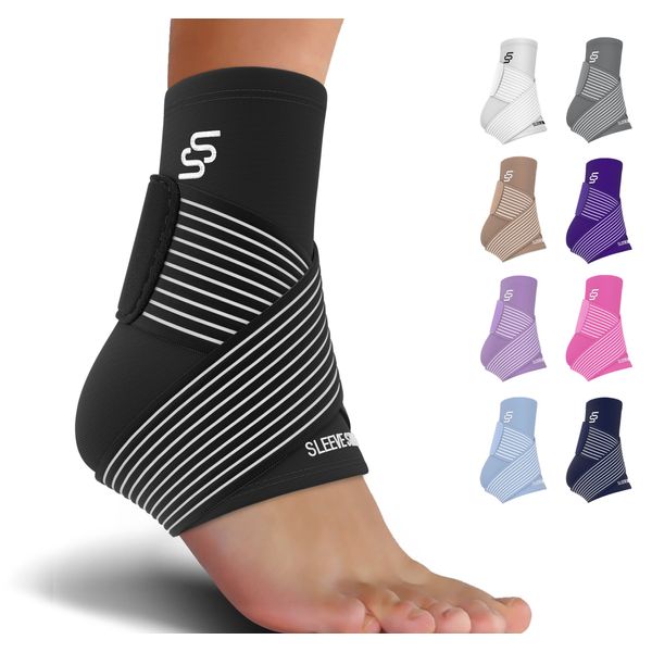 Sleeve Stars Ankle Brace for Women & Men, Plantar Fasciitis Relief for Ankle Compression Sleeve w/Ankle Support Strap, Tendonitis, Sprain & Heel Protector, Heel Wrap for Heel Pain (Single/Black)