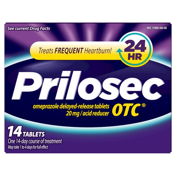 Prilosec OTC, Omeprazole Delayed Release 20mg, Acid Reducer, Treats Frequent Heartburn for 24 Hour Relief, All Day, All Night*, 20mg, 14 Tablets