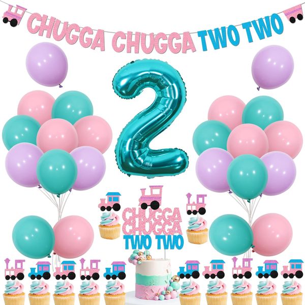 Wonmelody Train Birthday Decors for 2nd Year Old Chugga Chugga Two Two Party Supplies for Girls with Chugga Chugga Two Two Banner Birthday Cupcake Toppers Train 2nd Birthday Party Suppliesfor Girl