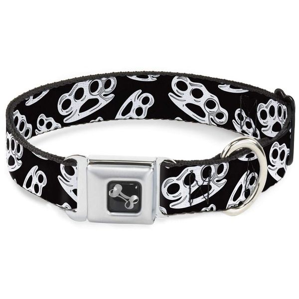 Buckle-Down Seatbelt Buckle Dog Collar - Brass Knuckles Black/White - 1.5" Wide - Fits 18-32" Neck - Large