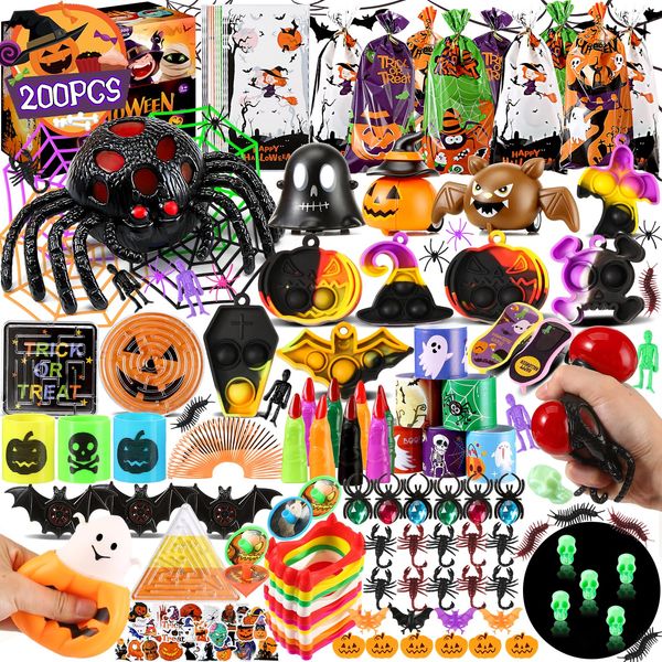 200PCS Halloween Party Favors , Bulk Halloween Toys for Halloween Treats Non Candy Classroom Prizes Goodie Bag Stuffers Pinata Filler, Halloween Gifts for Kids Prizes Party Supplies,Treasure Box Toys