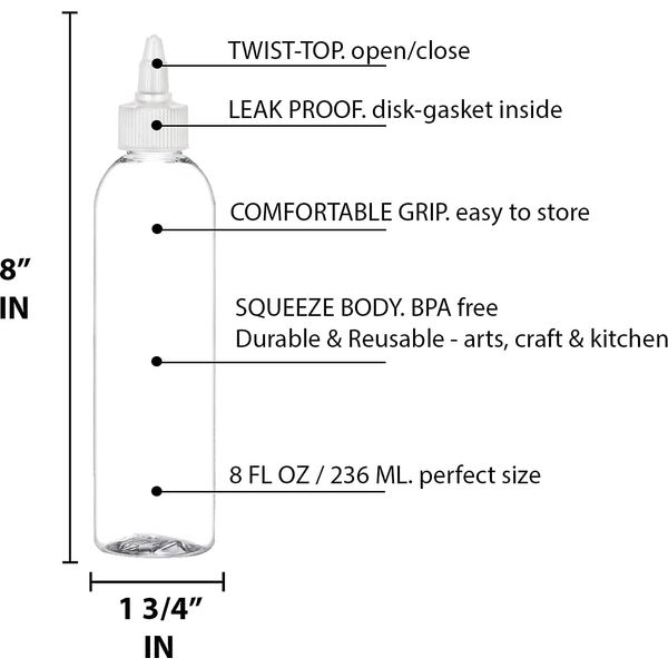 BRIGHTFROM Twist Top Applicator Bottles, Clear 8 OZ BPA-Free Plastic, Empty, Squeeze, Refillable - Open/Close Nozzle - Multi Purpose (Pack of 4)