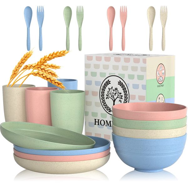 Wheat Straw Dinnerware Sets, 20pcs Dishes Dinnerware Sets Microwave and Dishwasher Safe, Lightweight Unbreakable Dish Set, Reusable Dinner Plates Kids Plates and Bowls Sets