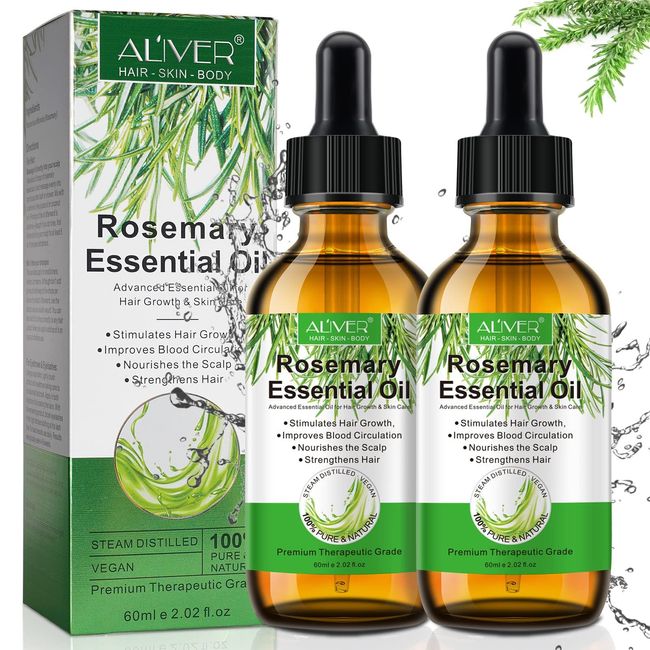 Rosemary Oil for Hair Growth (2×60ML), Organic Rosemary Essential Oil, 100% Pure Natural, Deeply Nourishing Scalp, Stimulates Hair Growth, Thickening Hair, Rid of Dry Hair, Rosemary Hair Oil