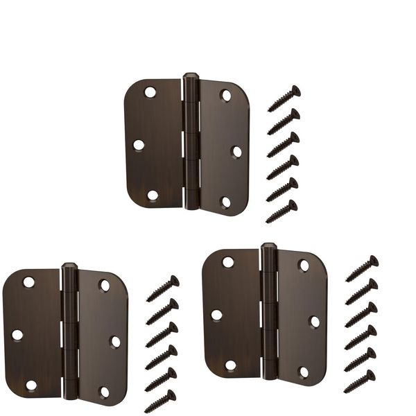 3 Pack 3-1/2" 5/8" Radius Oil Rubbed Bronze Interior Door Hinges Hinge
