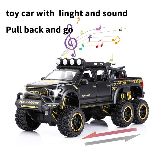 SASBSC Toy Pickup Trucks for Boys F150 Raptor DieCast Metal Model Car with Sound and Light for Kids Age 3 Year and up Black