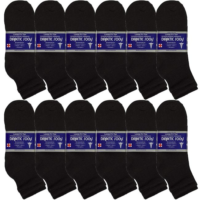 USBingoshop 12 Pairs Mens Physicians Approved Crew Diabetic Socks Cotton 10-13 (12 Pairs DA-Black)