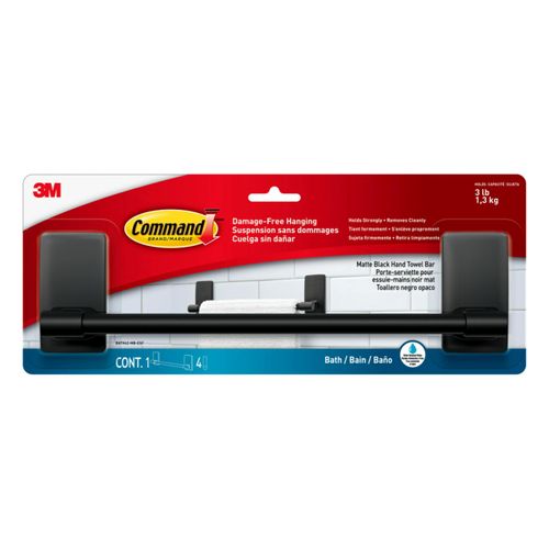Command Hand Towel Bar Matte Black with Water Resistant Command Strips, Bathroom Décor, 9 in Bar Length Holds up to 3 lbs
