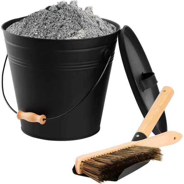 3.5 Gallon Black Ash Bucket with Lid, Shovel & Broom for Fireplace & Fire Pits