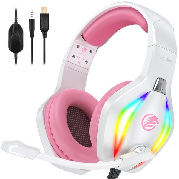 Fachixy「2024 New」FC100 RGB Gaming Headset for PS4/PC/Xbox/Nintendo Switch, PS5 Headset with Mic, Gaming Headphones with Microphone, Noise Cancelling Headphones with 3.5mm Jack