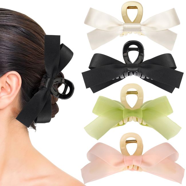 SEPGLITTER Claw Clips, 4pcs Bow Claw Clips for Women Girls Bowknot Claw Clip Bow for Thin Fine Thick Hair with Butterfly Design for Bow Hair Clip Dress Up (Black White Pink Green)