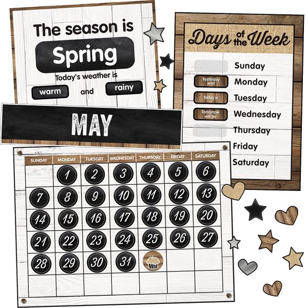 Schoolgirl Style Industrial Chic 95-Piece Calendar Bulletin Board Set, Farmhouse Monthly Calendar with Numbers, Birthdays and More, Rustic Farmhouse Calendar Bulletin Board Set for Classroom