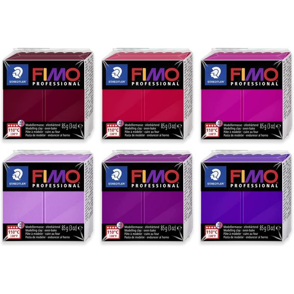 Staedtler 8004 FIMO Professional Oven-Hardening Polymer Modelling Clay - Pack of 6 x 85g Blocks - Berry Toned Colours