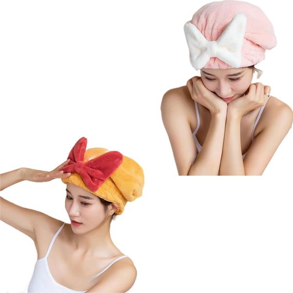 Super saugfähiges Haarhandtuch für nasses Haar, schnell trocknendes Mikrofaser-Haarhandtuch mit Schleife, super saugfähiger Haarhandtuch-Turban für lockiges, langes und dickes Haar (Yellow+Pink)