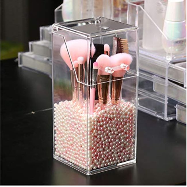 Square Acrylic Brush Holder w White Pearls