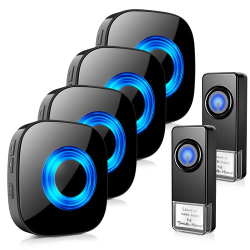 Wireless Doorbell for Home, Waterproof Door Chime Kit Operating at 1300-ft 58 Adjustable Melodies & 5 Volume Levels -PHYSEN Door Bell Wireless with LED Strobe, 2 Push Buttons + 4 Plug in Receivers