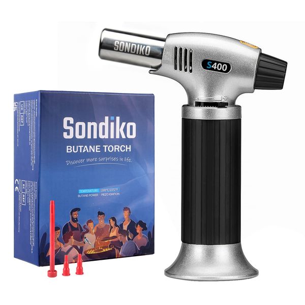 Sondiko Blow Torch S400, Fits All Butane Tanks Refillable Kitchen Blow Torch Lighter with Safety Lock and Adjustable Flame Perfect for Desserts, Creme Brulee, BBQ and Baking-Butane Gas Not Included