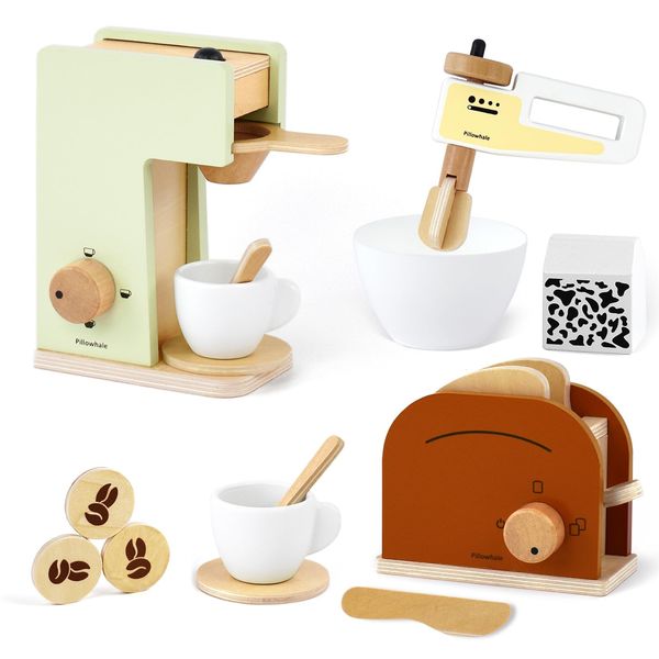 Pillowhale Kids Coffee Maker Playset,Wooden Toy Toaster,Toy Mixer,3-in-1 Kids Kitchen Playset,Pretend Play Kitchen Accessories,Wooden Kitchen Sets for Kids Toddlers Boys Girls Ages 3+