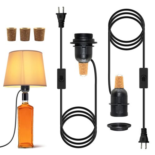 Bottle Lamp Adaptor Kit, 2 Pack Bottle Lamp Kits, Black DIY Lamp Fittings Kit for Table Lamp, E27 Light Bulb Adapter with 8 Ft Plug in Cord, E26 Wine Bottle Table Lamp, 3 Sizes of Corks, No Shade