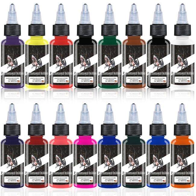 16 Bottles DLD Portrait Tattoo Pigment Set World Famous Tattoo Ink General Purpose Pure Black Ink Skin Safe Permanent Tattoo Supplies Body Painting Art (0.5/oz/15ml per Bottle)