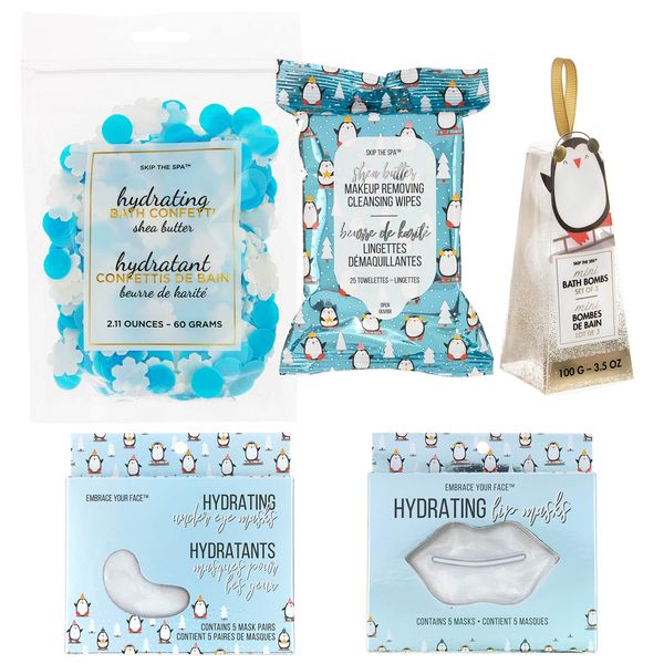Jean Pierre Cosmetics Beauty SILVER Holiday Bundle, Make-Up Remover Cleansing Wipes + Bath Bomb Ornaments + Hydrating Lip Masks + Hydrating Under-Eye Masks + Bath Confetti White/Blue Snowflakes
