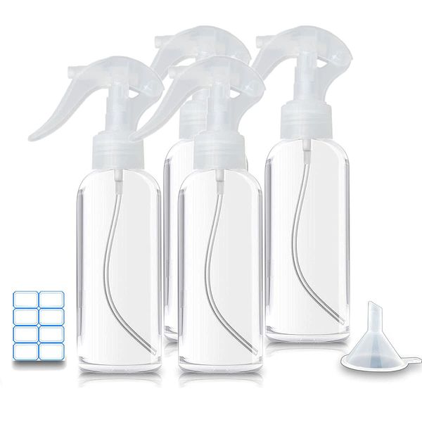 KwoKmarK Small Spray Bottles, Hair Spray Bottle 3.5oz/100ml Clear Plastic Fine Mist Travel Size Mini Empty Bottle Set Refillable Reusable Liquid Container for Essential Oils Water Squirt (4 Pack)