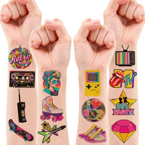 104 PCS 80s Temporary Tattoos Sticker Roller Skate 80s Birthday Party Decorations Favors Supplies Gifts Boys Girls Men Women, 90s 1980s Vintage Retro Cute Tattoo School Prizes Themed Decor