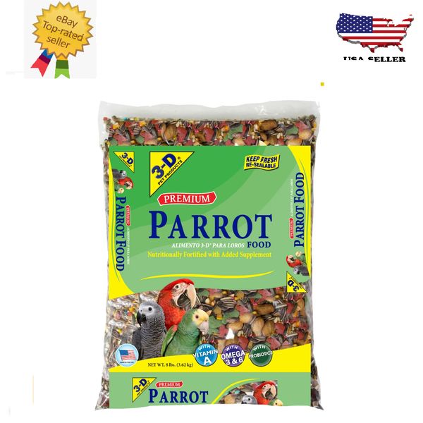 3-D Pet Products Premium Parrot Bird Food Seeds, with Probiotics, 8 lb. Bag