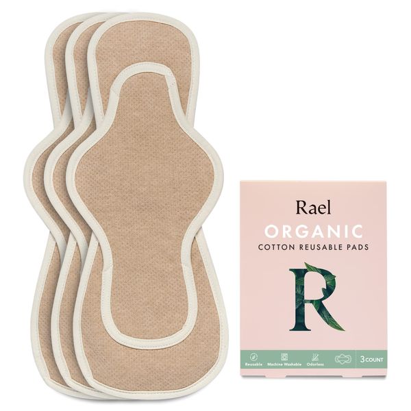 Rael Reusable Pads Menstrual, Organic Cotton Cover Pads - Postpartum Essential, Regular Absorbency, Thin Cloth Pads, Leak Free, Washing Machine Safe, Menstrual Pads with Wings (3 Count, Overnight)