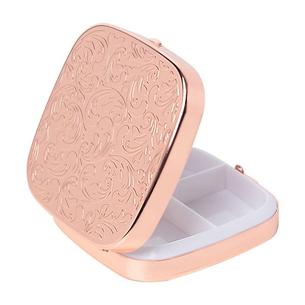 Simple Square Metal Portable Pill Box Storage Box with 3 Compartment (Rose Gold)
