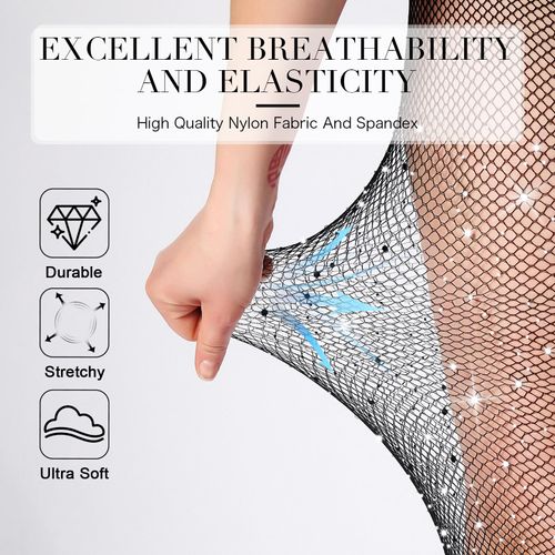 MERYLURE Ultra Strong Plus Size Rhinestone Fishnet Stockings for Women, Rip Resistant High Waist Sparkly Tights