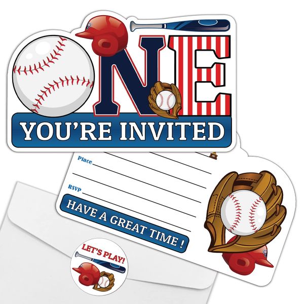 REWIDPARTY Baseball 1st Birthday Party Invitations with Envelopes & Stickers（Set of 15） Baseball Sport Shaped Fill-in Invitations One Year Old Birthday Baby Shower Party Invites Supplies for Kids