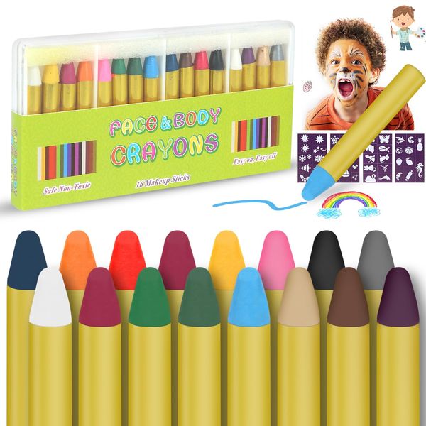 GLEEMEN Face Paint Crayons for Kids, Face Body Painting Makeup Crayons, Face Paint Kit Safe Face Paint for Children, Perfect for Birthday Party Halloween Makeup Cosplay (16 Colors)