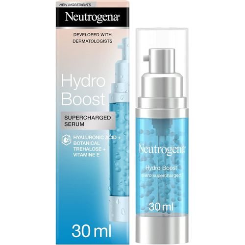 Neutrogena Hydro Boost Siero Supercharged, Siero idratante viso con Vitamina E incapsulata, Siero viso Acido Ialuronico rigenerante, Siero viso antirughe e illuminante per pelle secca e stanca, 30 ml