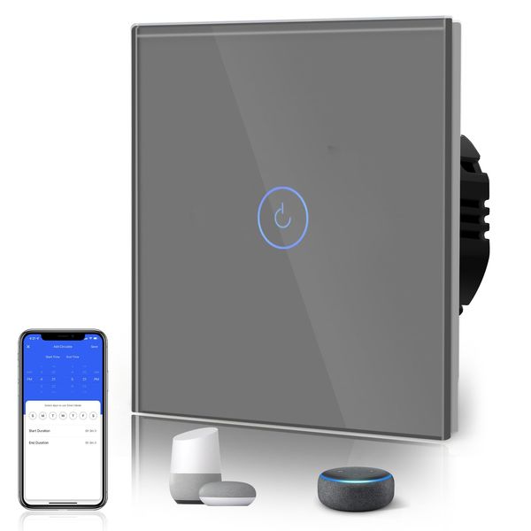 BSEED Smart WiFi 1 Gang 1 Way Alexa Switchable Switches Grey, Glass Panel Wall Light Switch, Voice/App Control Sharing WiFi Switches(Neutral Wire Required)