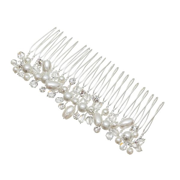 SAMKY Handmade Faux Pearl Crystal Beads Bridal Wedding Tiara Hair Comb - Silver Plated FC043