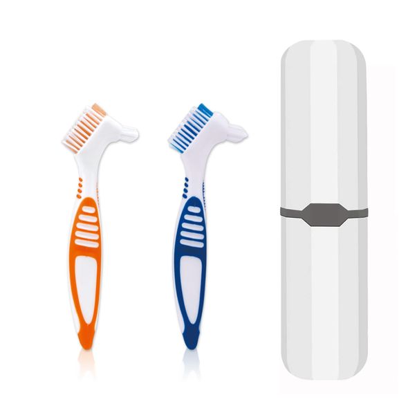 Denture Brush, 2 Pcs False Teeth Toothbrush with White Carrying Case, Multi-Tiered Bristles with Comfort Grip Handle for Effective Denture Cleaning