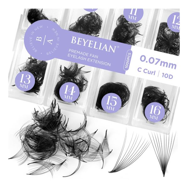 BEYELIAN 1000 Fans Premade Fans Eyelash Extensions 0.07mm 10D C Curl Volume Lash Extensions Pre Made Fans Lash Extensions Handmade Promade Loose Fans Thin Base 9-16mm Mixed