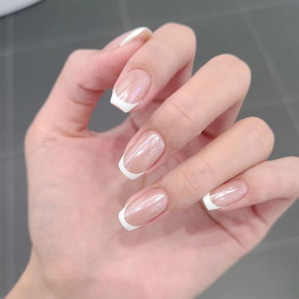 French Tip - False Nails Short Square - 24Pcs White Tip Stick on Nails French Aurora Designs Press on Nails with Glue - Acrylic Full Cover Artificial Fake Nails (Aurora French Style)