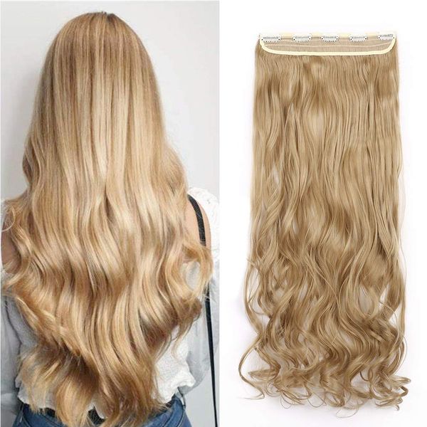 One Piece Clip in Hair Extensions 17inch Curly Wavy Hairpieces Invisible Synthetic Hair 3/4 Half Full Head [Ash Blonde]