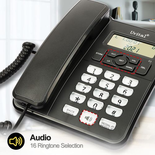 Desktop Corded Telephone for Home, Landline Telephone with White Big Buttons, Ringer Volume and Speakerphone Volume Adjustable, Caller Identification, LCD Contrast Adjustable Backlight Display(Black)